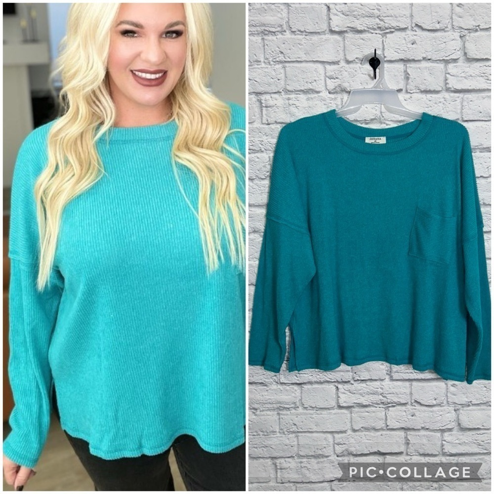 Zenana 1X Teal Blue Classic Ribbed Melange Sweater Top
